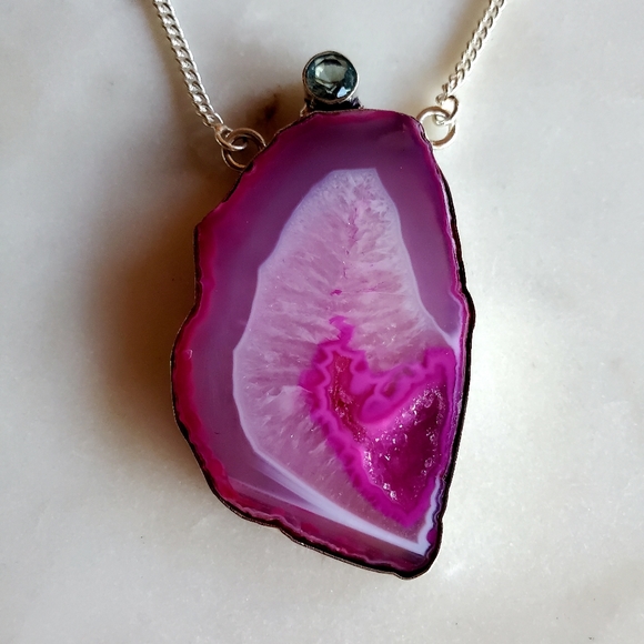 New Pink Agate Druzy & Apatite 925 Silver Necklace. - Picture 7 of 15